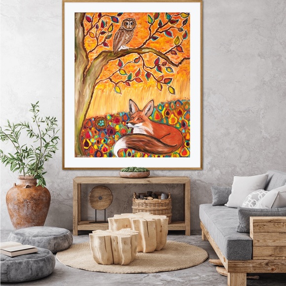 Fox Owl Autumn Ambience Art Print Oil Painting fall leaves tree animal whimsical - Picture 4 of 10